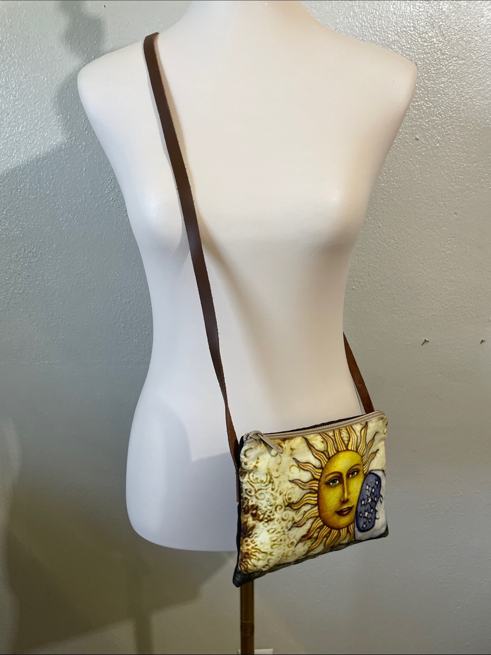 Leather Strap Sun Moon Celestial Shoulder Bag Zip Top Artisan Handbag Statement